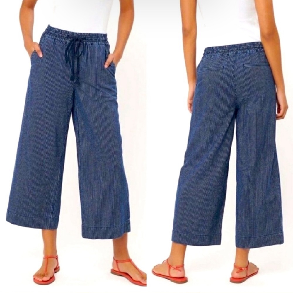 LOFT Pull-On Wide Leg Cropped Railroad Stripe 100% Cotton Pants Size XL